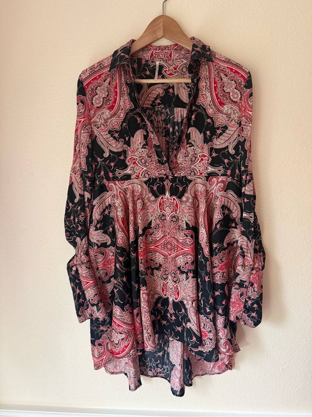 Free People Paisley V-Neck Tunic in Black and Red